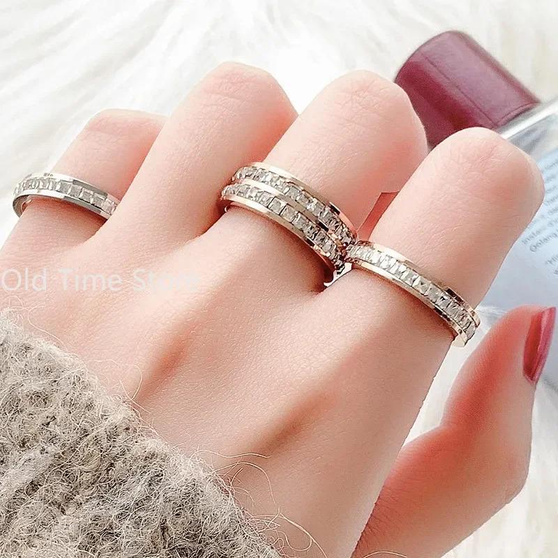 Hot Sale Double Crystal Woman Fashion Ring Rose Gold Color Filled Titanium Steel Rings for Women Female Fine Jewelry 1