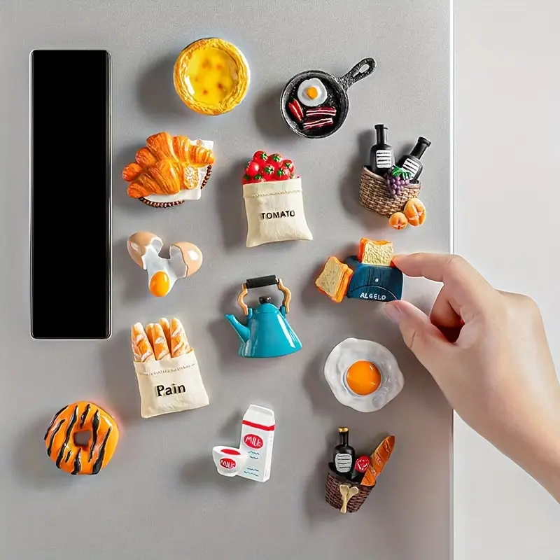Nhãn dán tủ lạnh, 10 cái / bộ, Nam châm, Thiết kế dễ thương, Ba chiều, Đồ Trang Trí nhà cửa, Hình trứng và bánh mì, Đồ chơi thực phẩm, Sáng tạo và nghệ thuật, Sáng tạo văn hóa, Đồ Trang Trí Nhỏ Nhãn dán từ tính