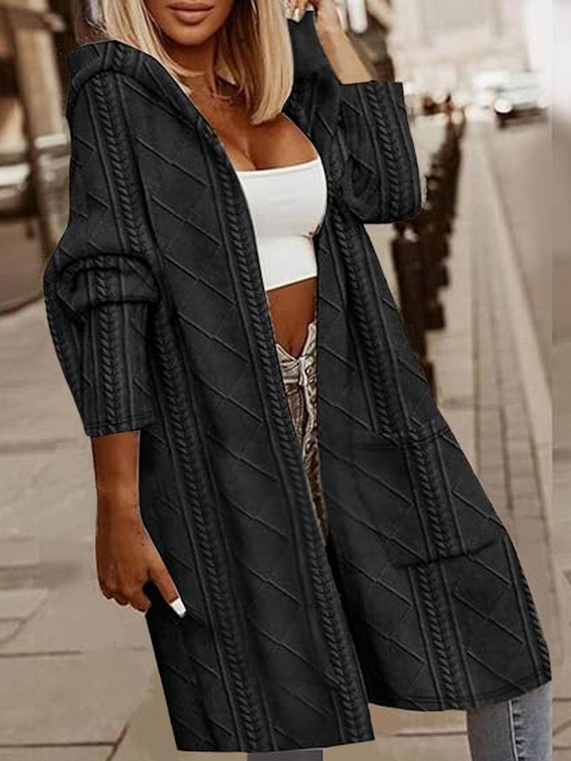 Product Introduction of Plus Size Solid Pocket Drop Shoulder Hooded Jacket, Casual Long Sleeve Open Front Outerwear for Fall & Winter, Women's Clothes for Daily Wear Valentine's Day, gift 4