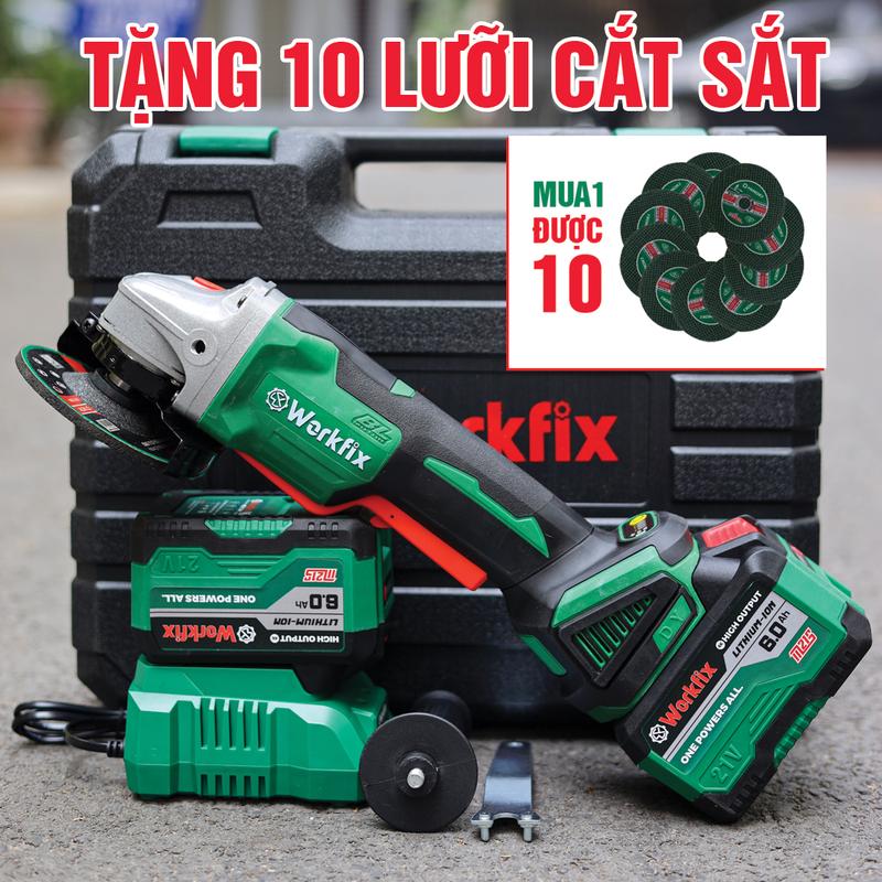 [ Tặng 10 Lưỡi Cắt Sắt] Máy Mài Compact 100mm Dùng Pin Workfix- - AG100B - MÀU XANH - Công Tắc Bóp - Brushless Motor - 2 Pin 15 Cell 21V/6Ah - Chân Pin Phổ Thông - Tay Cầm Trợ Lực - Lõi Đồng - AG100B