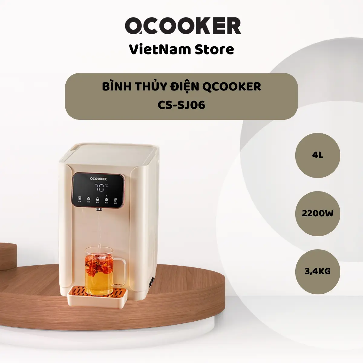 Bình thủy điện máy nước nóng lạnh để bàn Qcooker công suất 2200W dung tích 4L, 6 mức nhiệt