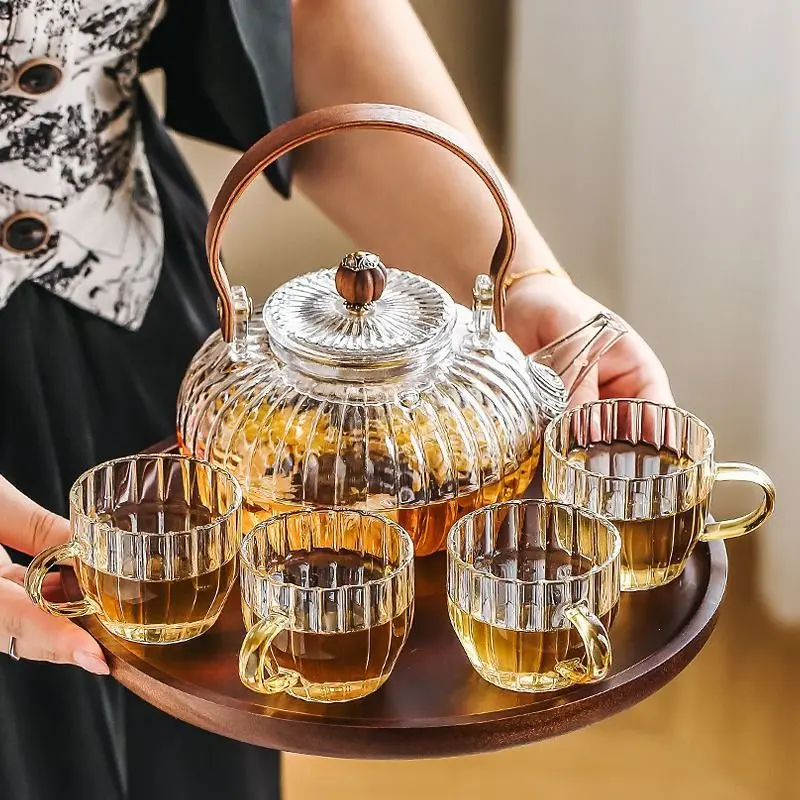 Borosilicate Glass Teapot Set Teabloom Stovetop Microwave Safe High Temperature Tea Cups with Filter Japanese Explosion-proof High Temperature Resistant Flower Teapot Set Glass Boiling Teapot Teacup Flower Fruit Teapot Glass Brewing Teapot