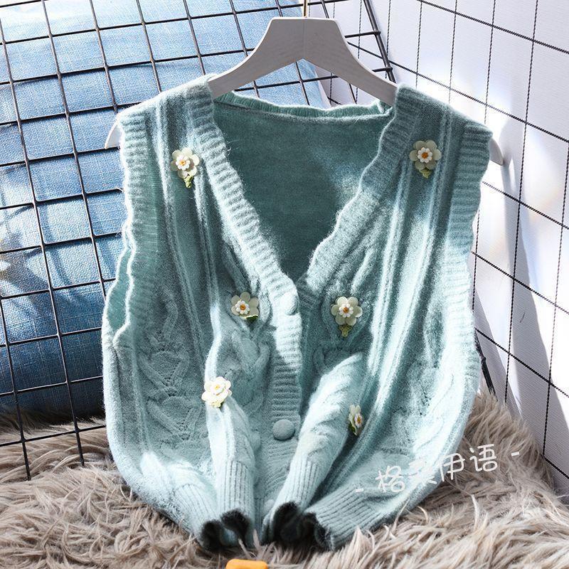 Áo Vest Dệt Kim Thêu, Cổ Chữ V Nhẹ Nhàng, Dáng Rộng Vừa Vặn, Dành Cho Nữ, Hàng Mới Về Mùa Thu, Áo Mặc Bên Ngoài Hàn Quốc, Áo Len Không Tay Áo Cardigan Women Top 4