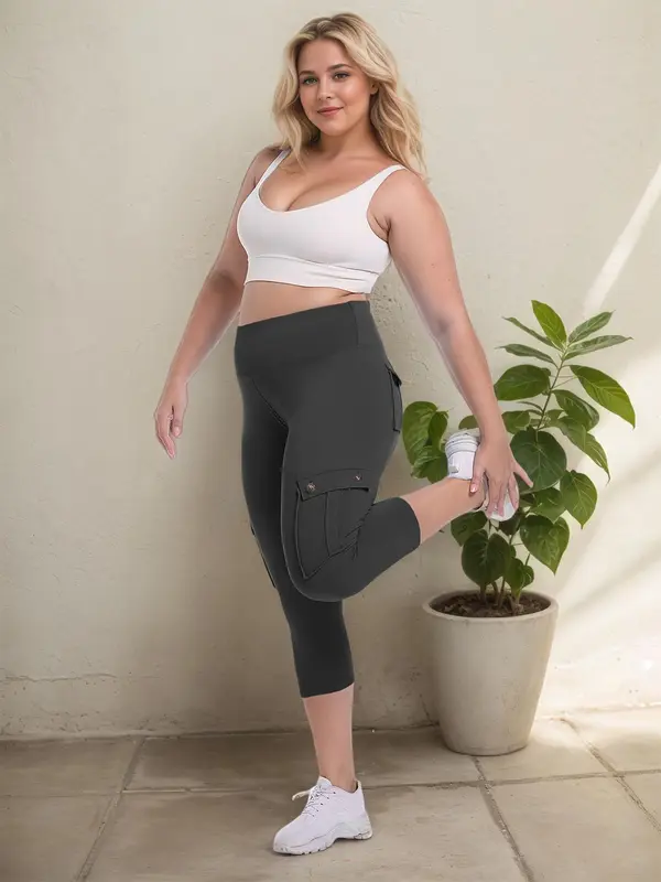 Women's Plain High Waist  Sports Capri Leggings, High Stretch  Casual Comfortable  Breathable Multi-pocket Skinny Pants for Yoga Gym Workout Running, Ladies Sportswear for All Seasons 8