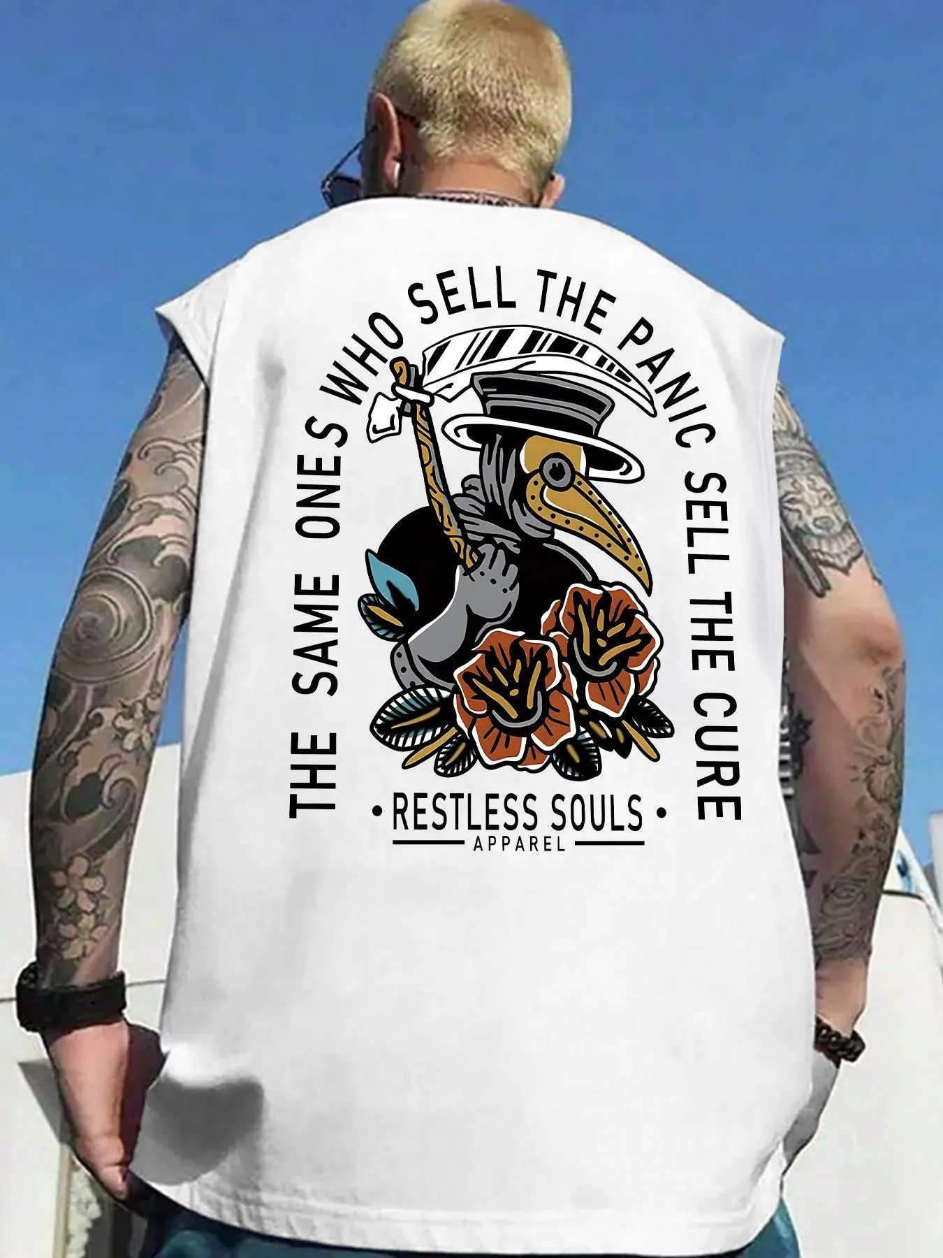 Men's Cartoon Crow & Letter Print Vest, Loose Casual Comfy Sleeveless Tank Top for Summer, Men's Clothes for Daily Wear