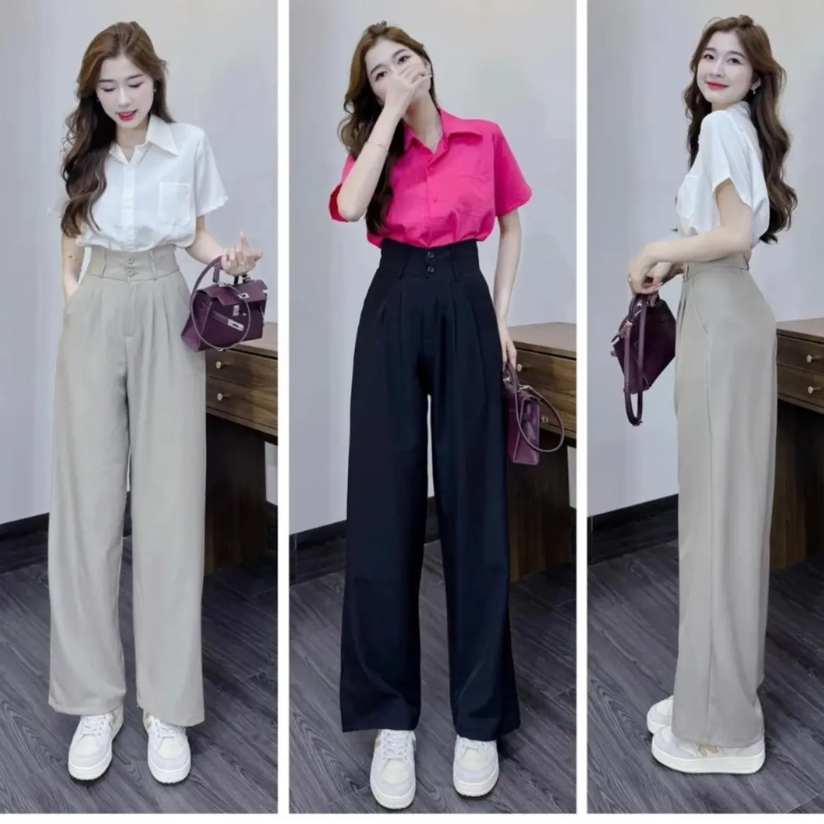 Quần ống rộng nữ lưng cao 2 khuy vải Tuyết Mưa mới dài 100cm cạp 7cm cao dáng quần ống suông đi học công sở cá tính đi học, đi  làm đi chơi Women Ong Pants
