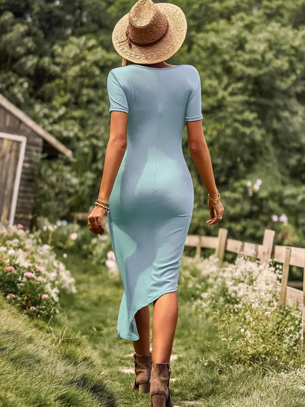 Women's Solid Color Irregular Hem Dress, Elegant Chic Short Sleeve Dress for Summer, Ladies Clothes for Daily Wear 4