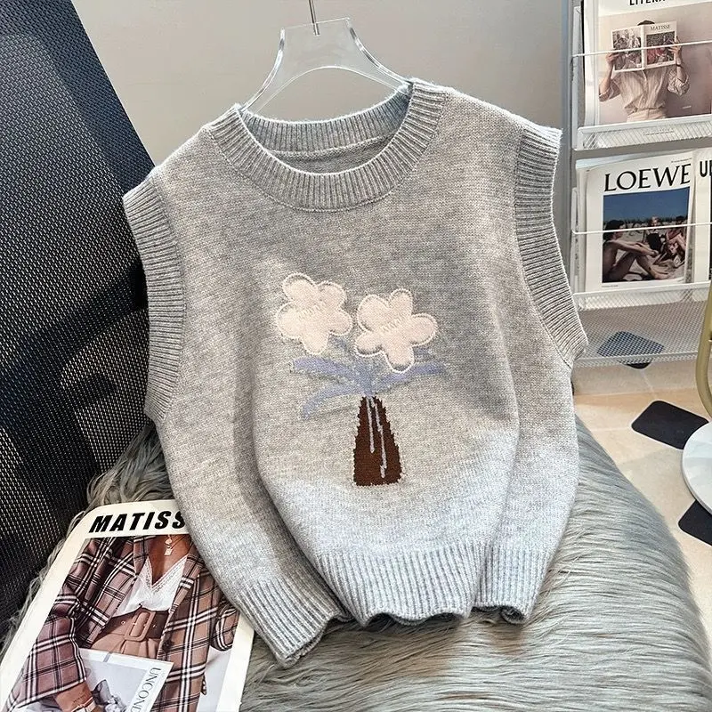 Áo Len Vest Hàng Đầu, Thiết Kế Tươi Mới, Không Tay, Cạp Nhỏ Hàng Mới Về, Dệt Kim, Phong Cách Hàn Quốc, Áo Vest Hoa, Ngắn, Ba Chiều Nữ Top Women