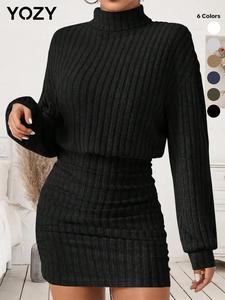 Yozy Plain Ruched Drop Shoulder Bodycon Dress/ Casual Long Sleeve High Neck Short Dress, Women's Clothes for Daily Wear, Womenswear