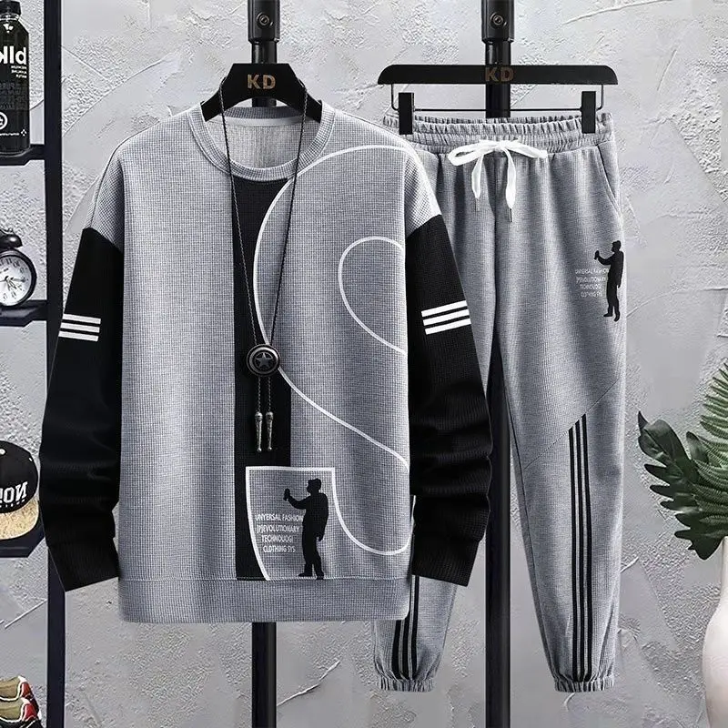 ชุดวาฟเฟิลลำลองสำหรับผู้ชาย เสื้อกันหนาวหลวม กางเกงวอร์ม ชุดกีฬาเยาวชน แขนยาวสองชิ้น ฤดูใบไม้ร่วง ใหม่