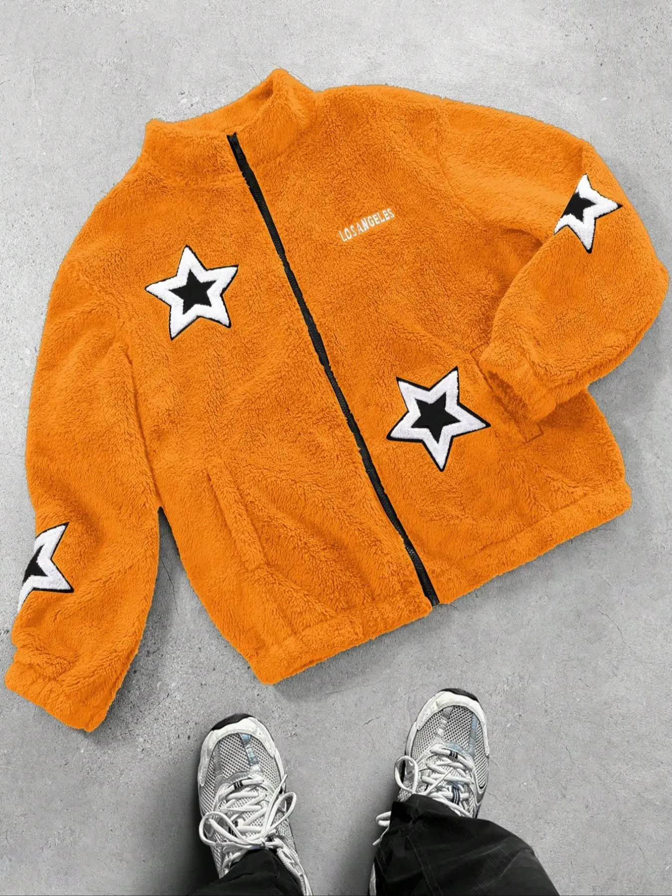 Men's Star & Striped Print Fuzzy Jacket, Loose Casual Long Sleeve Zip Up Outerwear for Summer, Fashion Men's Clothes for Daily Wear, Coats