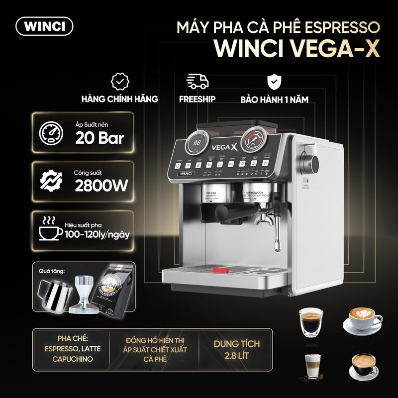 WINCI Máy Pha Cà Phê Espresso Winci VEGA-X  Pha Chế tự động Tay Cầm 58mm Công suất 2800 W Áp suất 20 Bar  2 Boiler Tặng 1 tamper inox ,1 gói cà phê robusta 250 Gr,1 cainox Máy Xay Cà Phê Xay Cà Phê combo