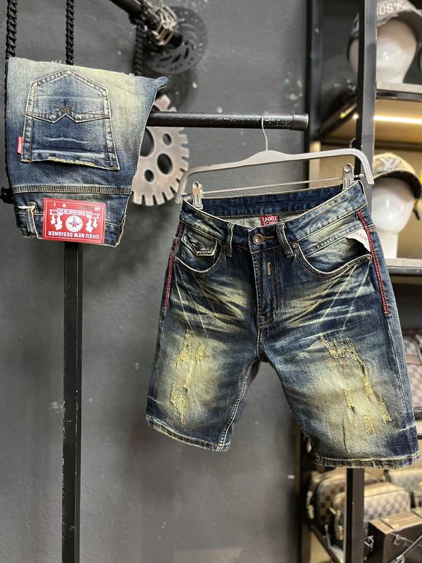   2 Mẫu Sort Guangzhou 1067-1077   Quần Short Jeans Nam Xanh Was Cào Viền Chỉ Đỏ & Xanh Was Gân  QS2066-QS2068 