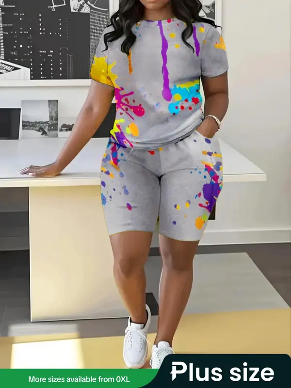 Plus Size Two-Piece Set Colorful Graffiti Print Tee & Elastic Waist Shorts Two-Piece Set, Casual Round Neck Short Sleeve T-shirt & High Waist Shorts, Women's Outfits for All Seasons 0
