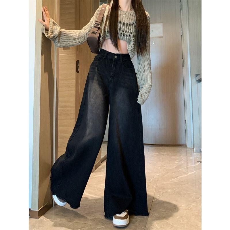 Product Introduction of [6309 Collection] American-Style Retro Black and Gray Frayed Mop Jeans Women's New Spring and Autumn Loose Slimming Flared Wide-Leg Pants 1