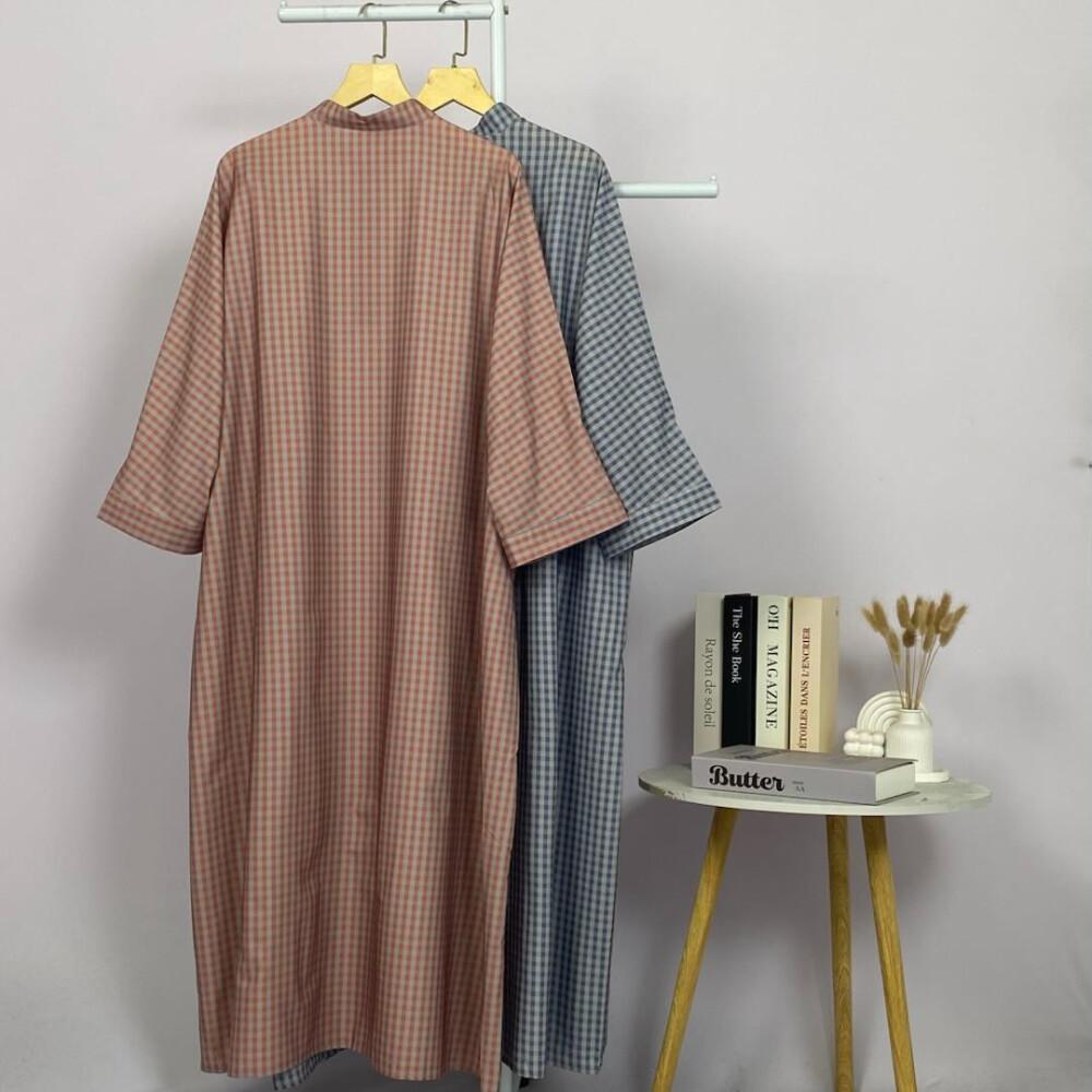 Asaya Gamis Wanita Elegan Motif Garis Kotak Biru Abu Modern Kekinian