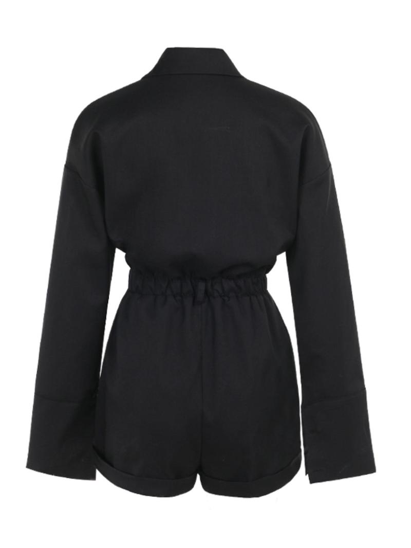 Product Introduction of Women's Solid Color Half Button Drop Shoulder Romper without Belt, Elegant Long Sleeve Collared Romper for Spring & Fall, Ladies Clothes for Daily Wear, Jumpsuit 2