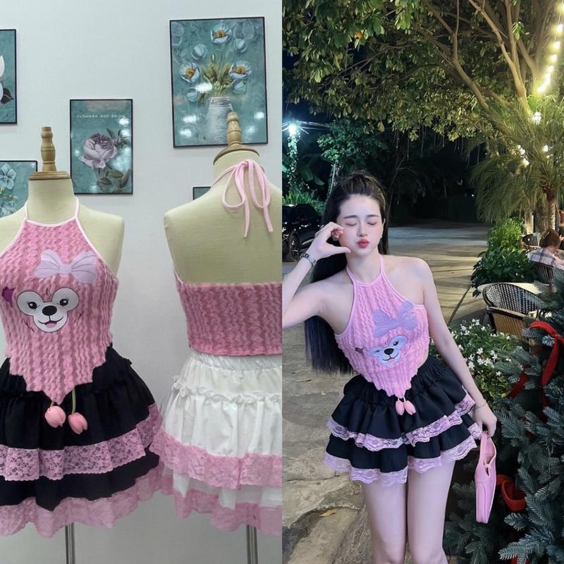 Bộ đồ nữ  tầng phối ren áo yếm lông in gấu - Women, Top Sen Nhung Hoa Sen Viền Ren chân váy lụa