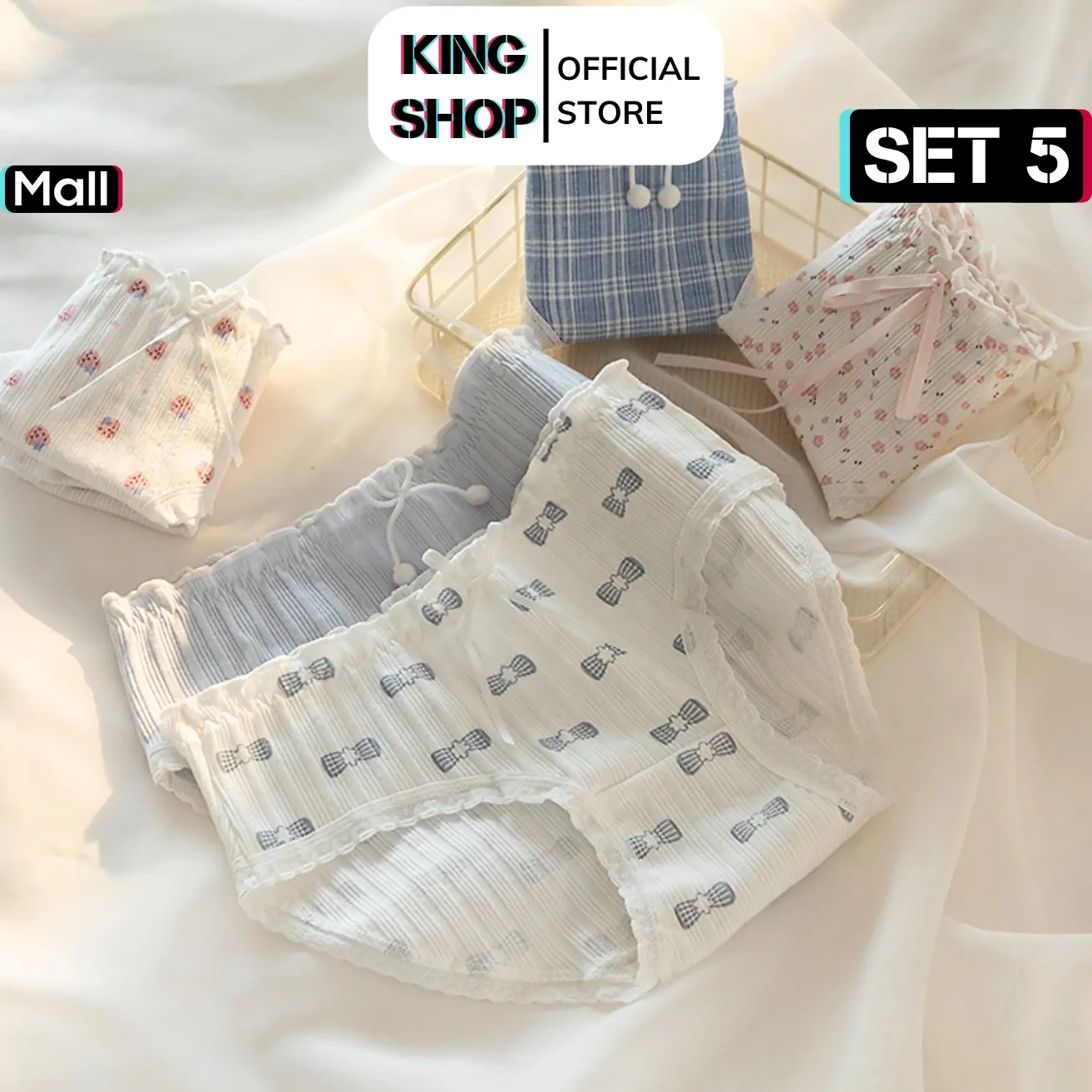 Combo 5 quần lót nữ cotton gân tăm viền ren đinh nơ nhiều họa tiết dễ thương KINGSHOP L128 Women