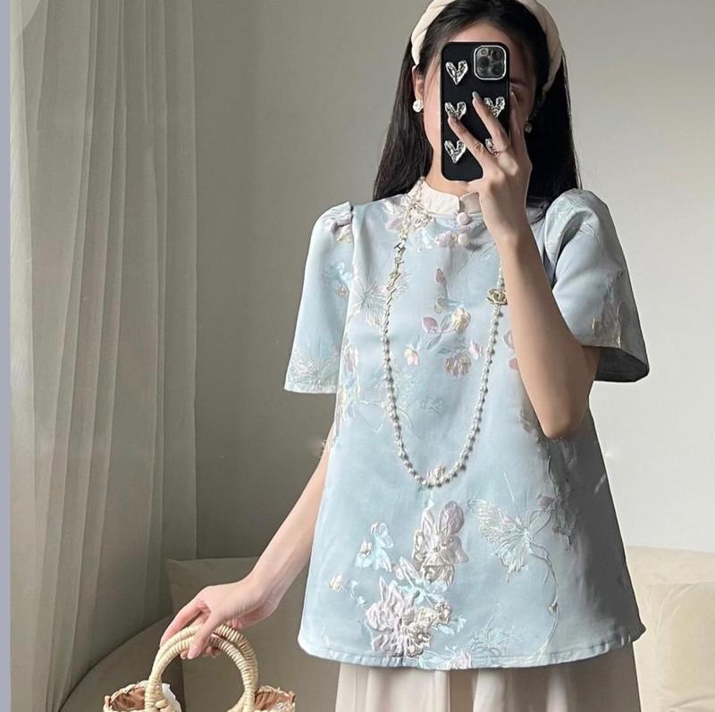 Set pháp phục đi chùa nữ chất liệu gấm cao cấp hình Hồ điệp áo ngắn tay cổ tàu kèm quần ống rộng  màu xanh/hồng