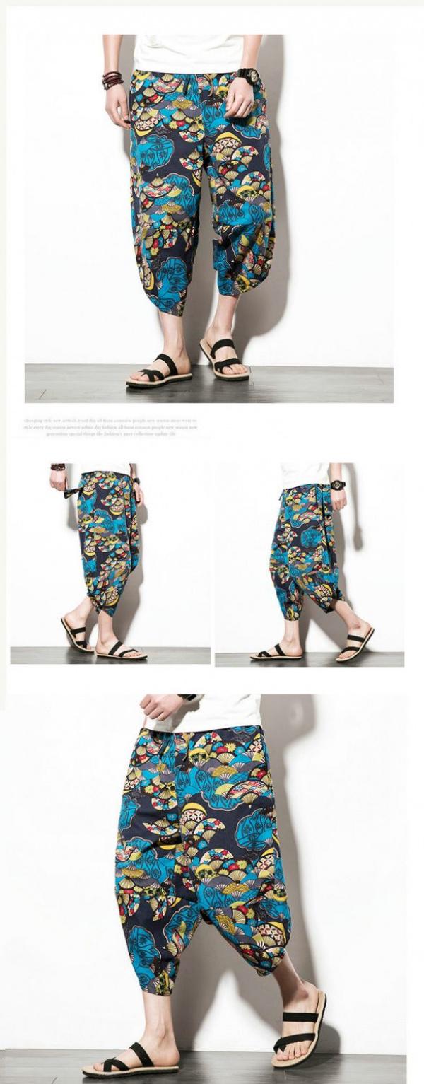 Product Introduction of Wind Cotton Linen Harem Pants Summer Beach Cropped Pants Men's Loose plus Size Bloomers Wind Flower Pants Trendy sweat  shorts jorts  pants linen  shorts  men 4