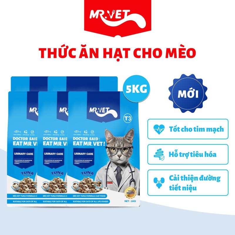 [THỨC ĂN CHO MÈO] 5 Túi Hạt Holistic Mr.Vet Thế hệ T3 Túi 1kg Công thức 4 loại cá Cá ngừ, Cá hồi, Cá cơm, Cá bonito Hỗ trợ sức khỏe tiết niệu cho mèo con, mèo trưởng thành