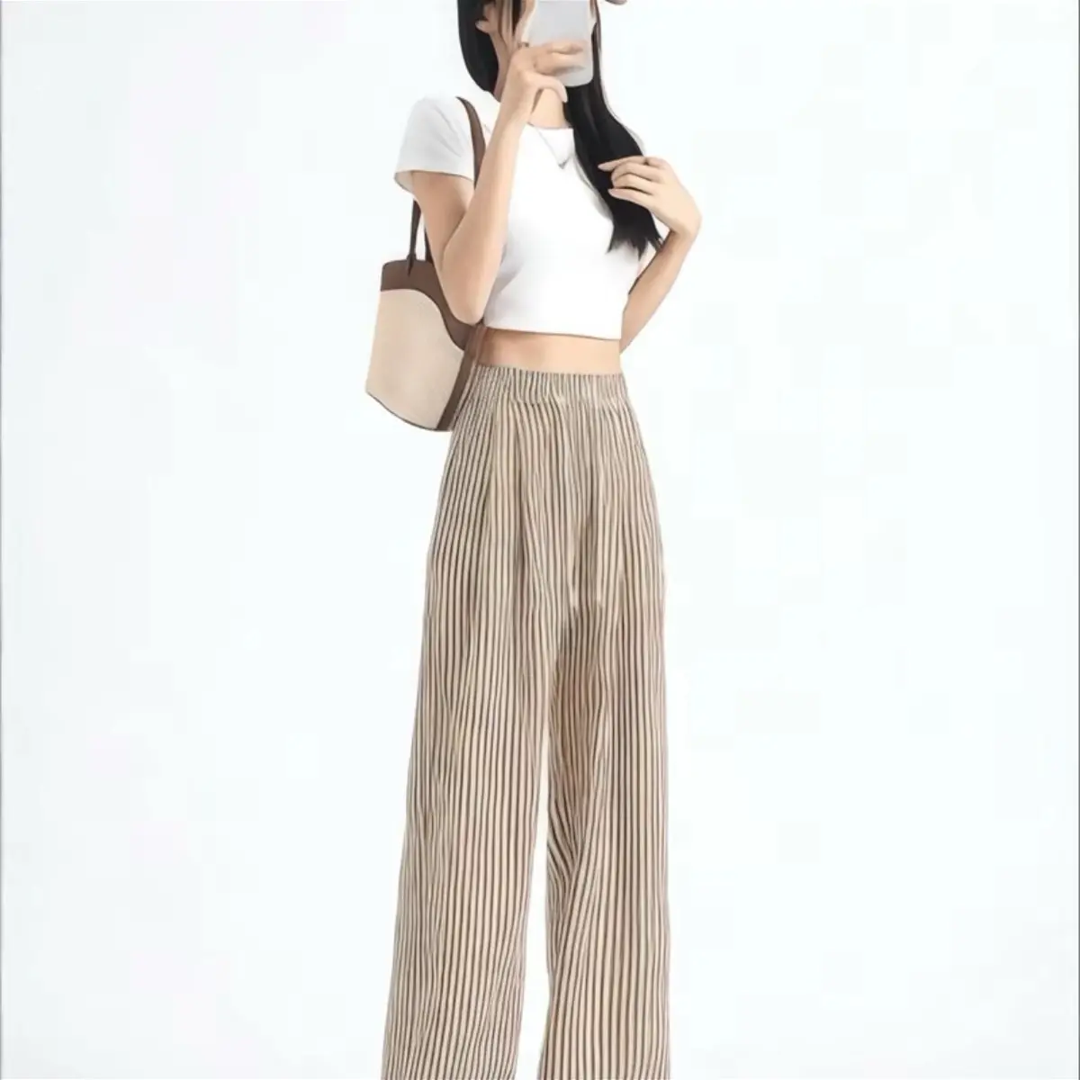Quần Kẻ Nữ Ông Rộng Dáng Suông Nữ Cạp Chun Lưng Cao Hoạ Tiết Kẻ Sọc Lạ Mắt Chất Đũi Women