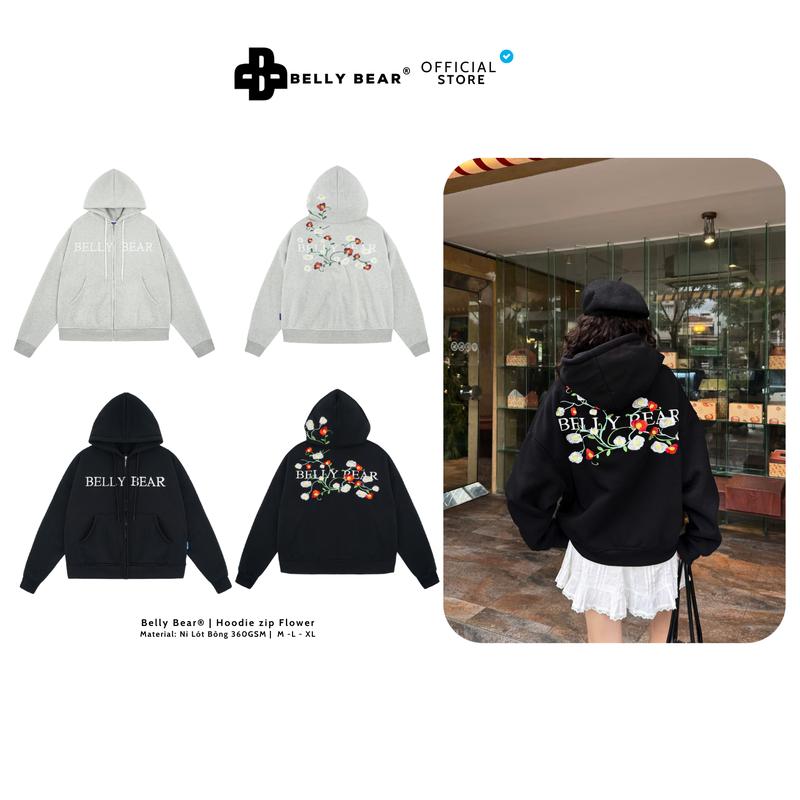 Áo Khoác Hoodie Zip Belly Bear Hoạ Tiết Thêu Hoa Xám Tiêu Form Rộng Unisex Jacket Top  Nữ Jacket Women Đen