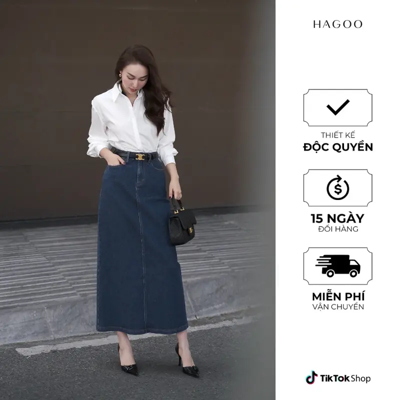 HAGOO chân váy Jeans bò nữ dáng dài chữ A Basic năng động trẻ trung {CV579} Nữ Women Nhung Voi 0