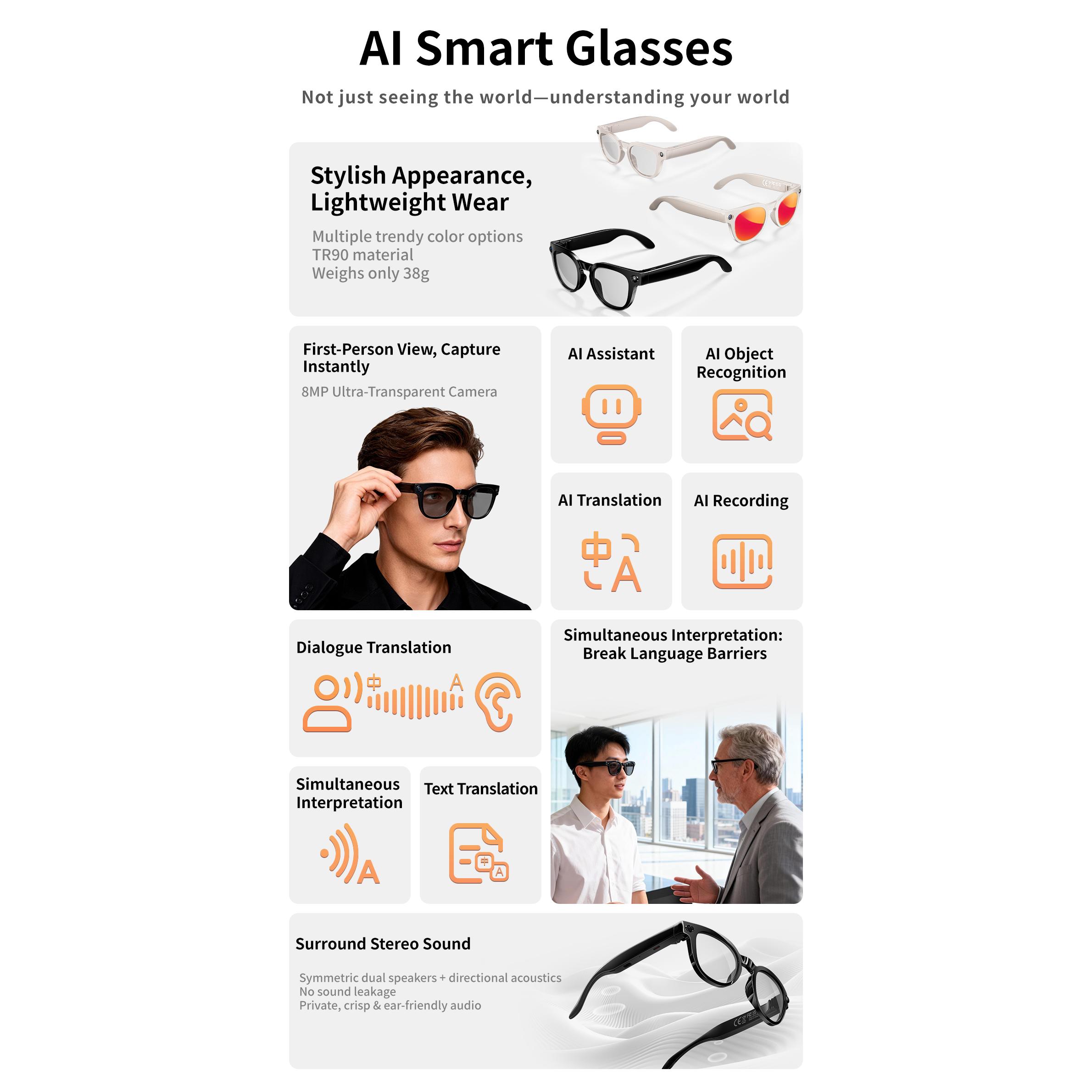 Smart Glasses with Camera Realtime AI Translation AI Assistant Hands Free Recording First Person View Video TypeC Charge Glasses - Image 2