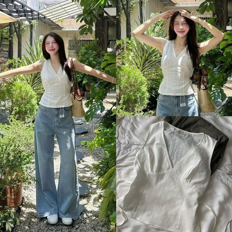 (ẢNH OLDSCHOOL) Áo ren xô cổ V sát nách buộc dây sau QC099