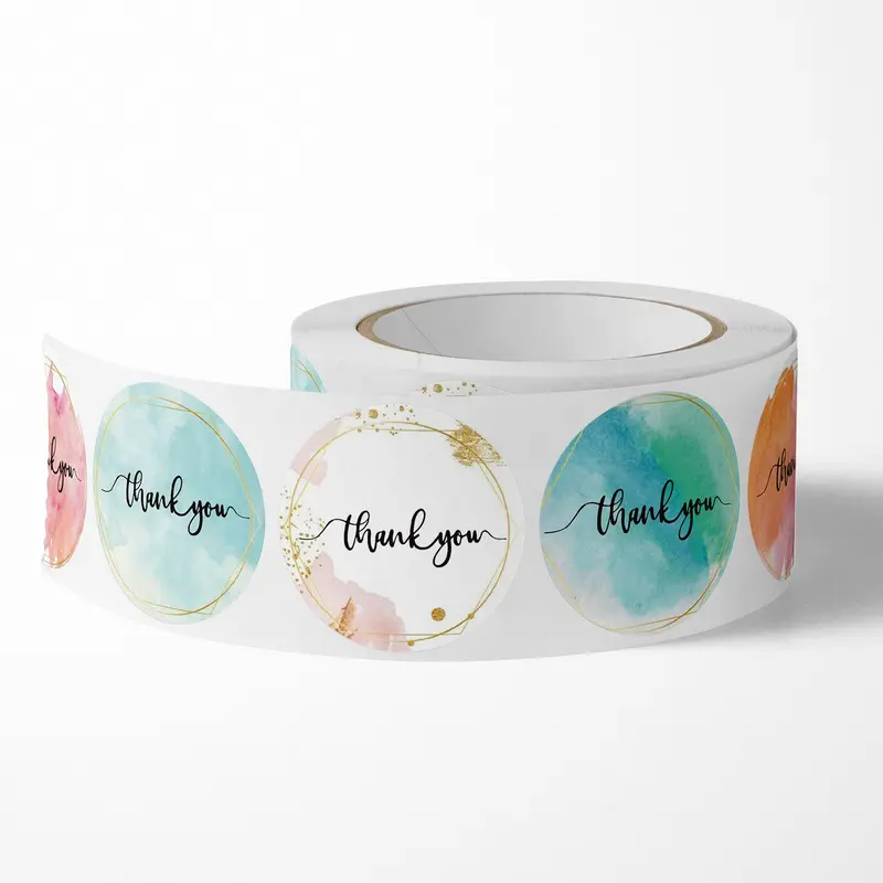 Watercolor Thank You Sticker, 500pcs/roll Round Self Adhesive Sticker, Decorative Sticker for Gift Greeting Card Envelope Water Bottle 5