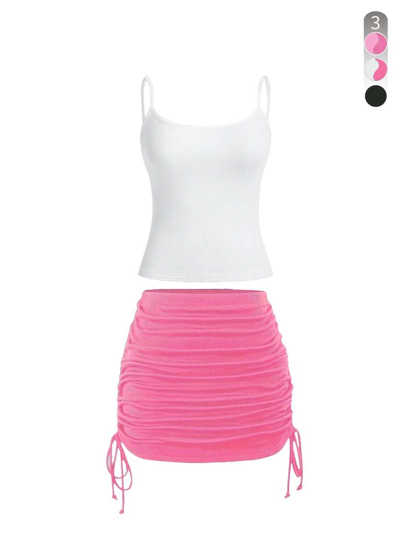 Product Introduction of Two-Piece Set Women's Solid Color Cami Top & Drawstring Side Skirt, Casual Fashion Cozy Clothing Sets for Daily Outdoor Wear, Ladies Summer Clothes 7