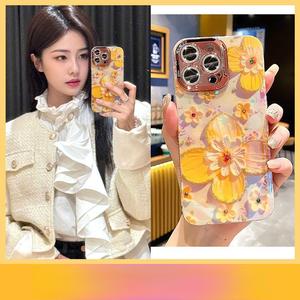 Luxury Paint Flower Casing for Apple iPhone 15 14 13 12 11 Pro Plus Case Hard Acrylic Back Cover Butterfly Phone Case with Camera Lens Protector Shockproof Bumper
