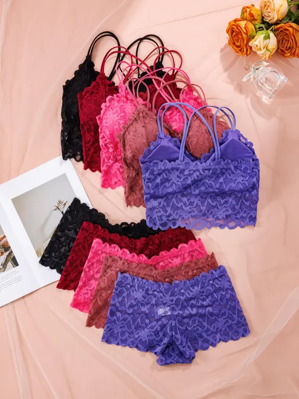 Women's Contrast Lace Backless Bra & Shorts Underwear Set, Sexy Comfy Breathable Lingerie Set for Daily Wear, Underwear Set for Women 6