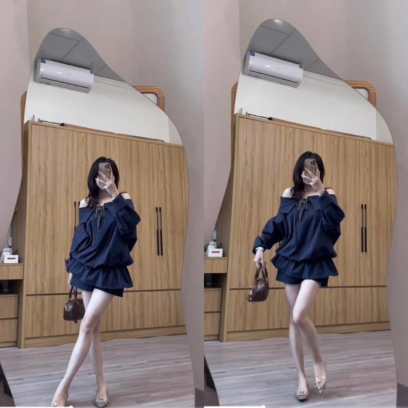 Sét Váy Jum Kẻ Trễ Vai Chất Kẻ Thô Dành Cho Nữ Mặc Hè Thu Sang Chảnh by T.LINH STORE 68