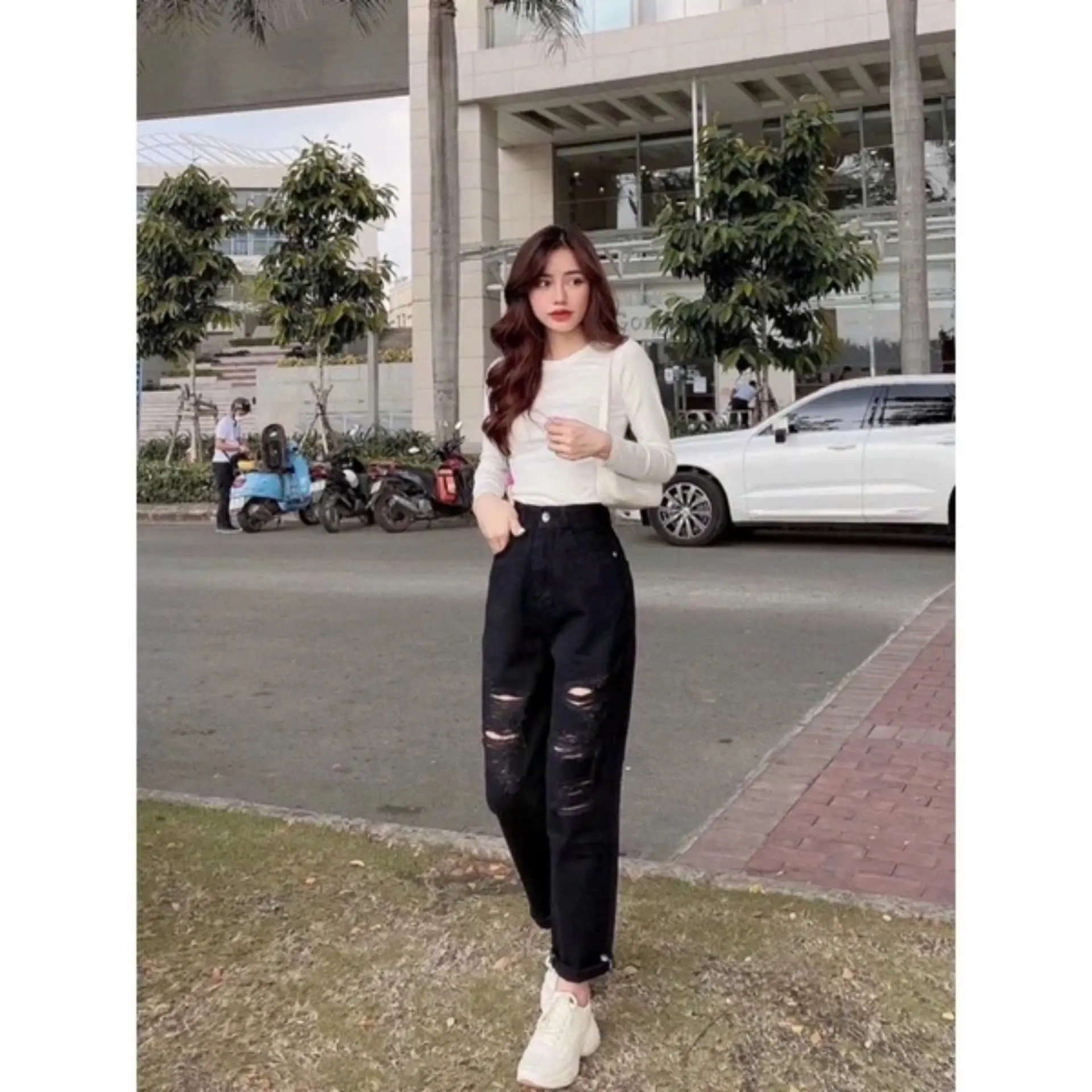 Quần bò nữ baggy 458 rách trẻ trung năng động, thoải mái, cạp cao hách dáng