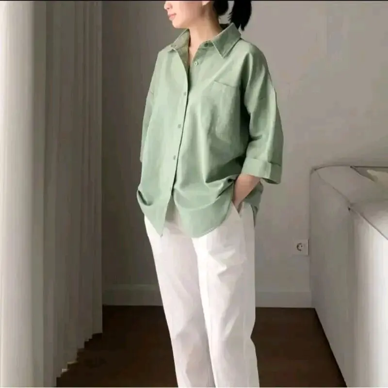 M-Jon Olivia Shirt Kemeja Linen Oversize Lengan 3/4 Polos Wanita 0