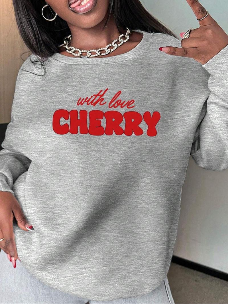Product Introduction of Women's Cherry ＆ Letter Print Crew Neck Pullover, Casual Long Sleeve Sweatshirt for Daily Wear, Ladies Clothes for Winter 2