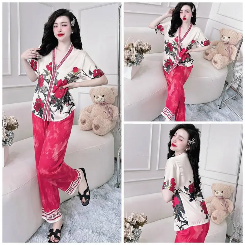 Đồ bộ pijama nữ mặc nhà quần dài áo tay ngắn cổ Y lụa latin SP_165 hoạ tiết xuân sặc sỡ, sắc nét cực đẹp BOLOBALA