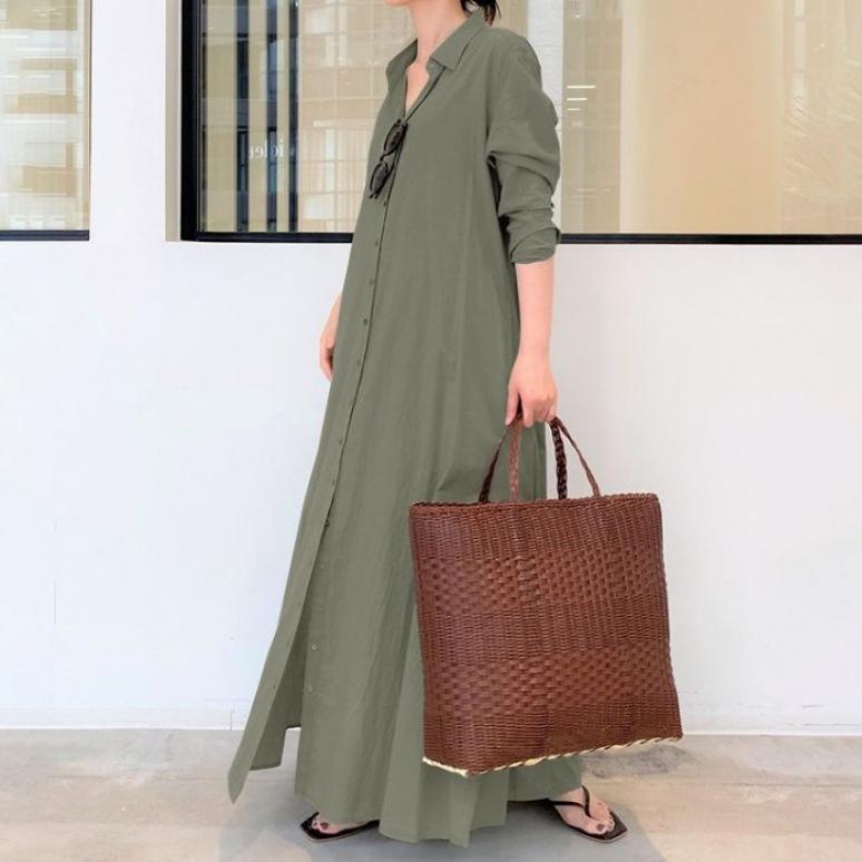 Product Introduction of Hot Selling Fashion 2024 New Solid Color Lapel Long Sleeve Pocket Simple Loose Casual Long Shirt Dress Womenswear Lingerie 6