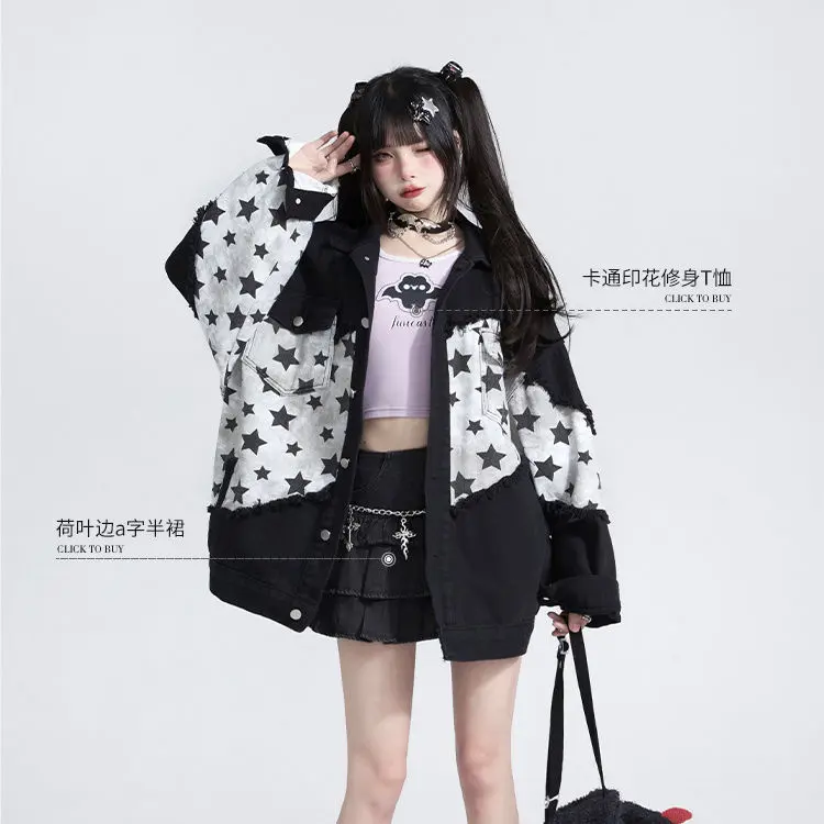 Áo Khoác Denim, Màu Đen, Dành Cho Nữ, Phong Cách Cổ Điển Mỹ Ngọt Ngào Và Ngầu Ins Hợp Xu hướng, Khâu, Dáng Rộng Vừa Vặn, Áo Khoác Có Ve Áo 1