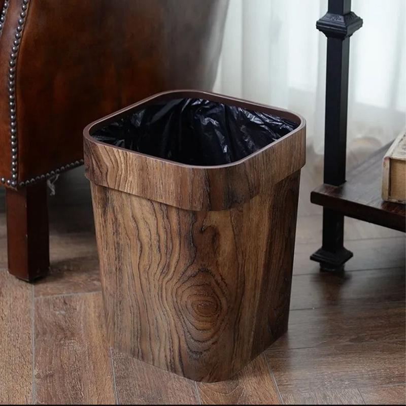 Product Introduction of Wastebasket Plastic Trash Can Large Capacity Mimetic Wood Grain Waste Bins Retro Square Garbage Bucket Household 12