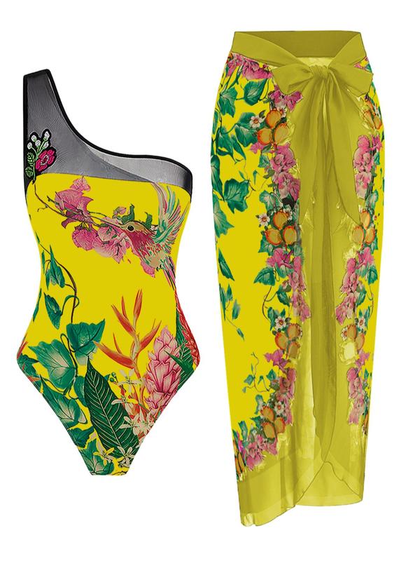 Women's Floral Print One Shoulder Contrast Mesh One-pieces Swimsuit & Wrap Skirt Set, Casual Asymmetrical Knot Front Sleeveless Swimwear for Beach Holiday Vacation, Ladies Swimsuit for Summer 1