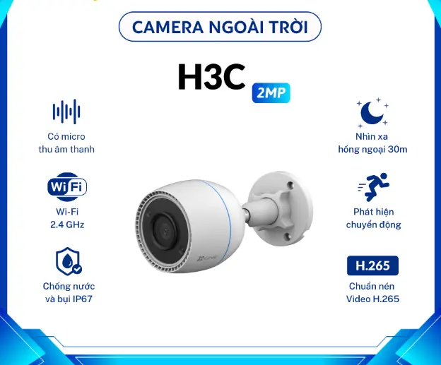 Camera WiFi ngoài trời EZVIZ H3C 2MP không màu