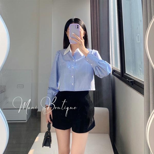 Áo sơ mi croptop kẻ sọc trắng xanh tay dài  phồng có túi cổ trắng Mani Shirt Sen