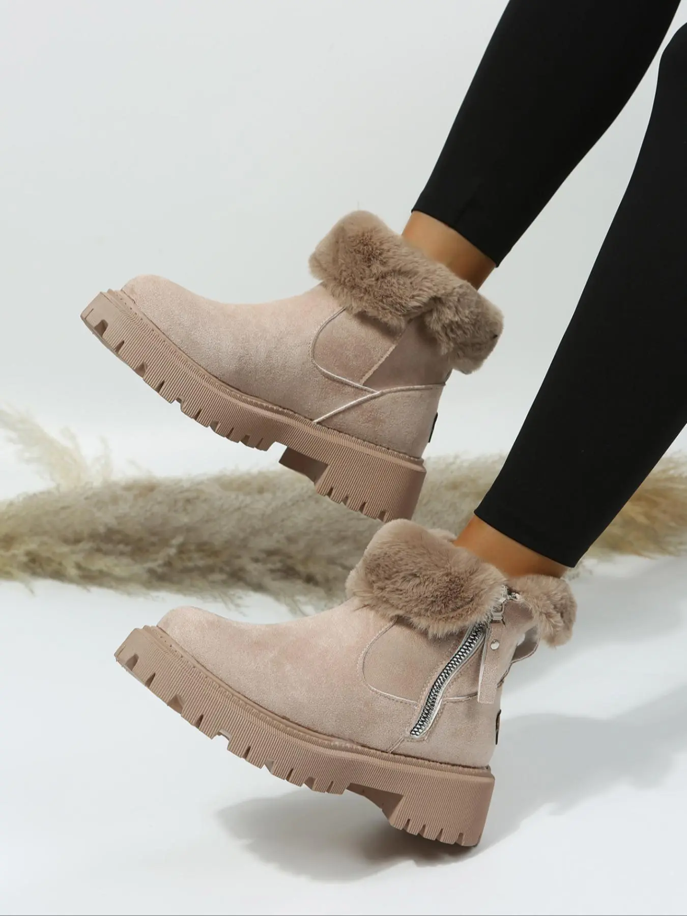 Women's Solid Color Zipper Ankle Snow Boots, Casual Warm Comfortable Snow Boots for Fall & Winter, Female All-match Trendy Shoes for Daily Wear