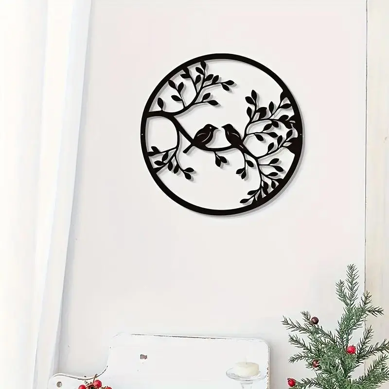 Metal Bird Art Wall Decoration, 1 Count Round Bird & Branches Wall Sculpture, Hanging Decor for Living Room Bedroom Indoor Outdoor