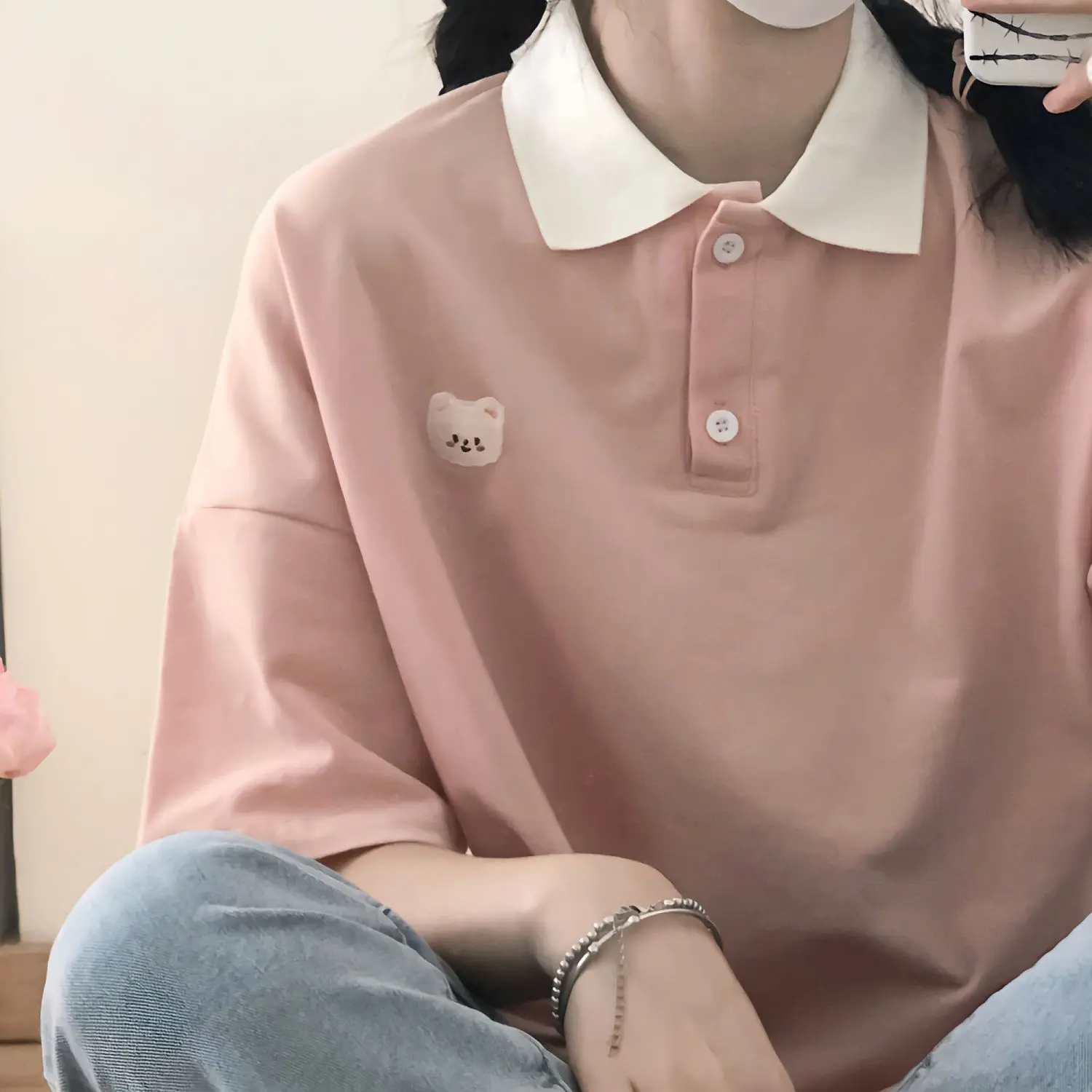 Áo Polo Phong Cách Preppy, Áo Thun Ngắn Tay Nữ, Thêu Gấu Dễ Thương, Dáng Rộng Vừa Vặn, Thích Hợp Cho Đồng Phục Học Sinh, Có Thể Mặc Bên Trong Quần Áo Bạn Gái, Hàng Mới Về Cho Mùa Hè