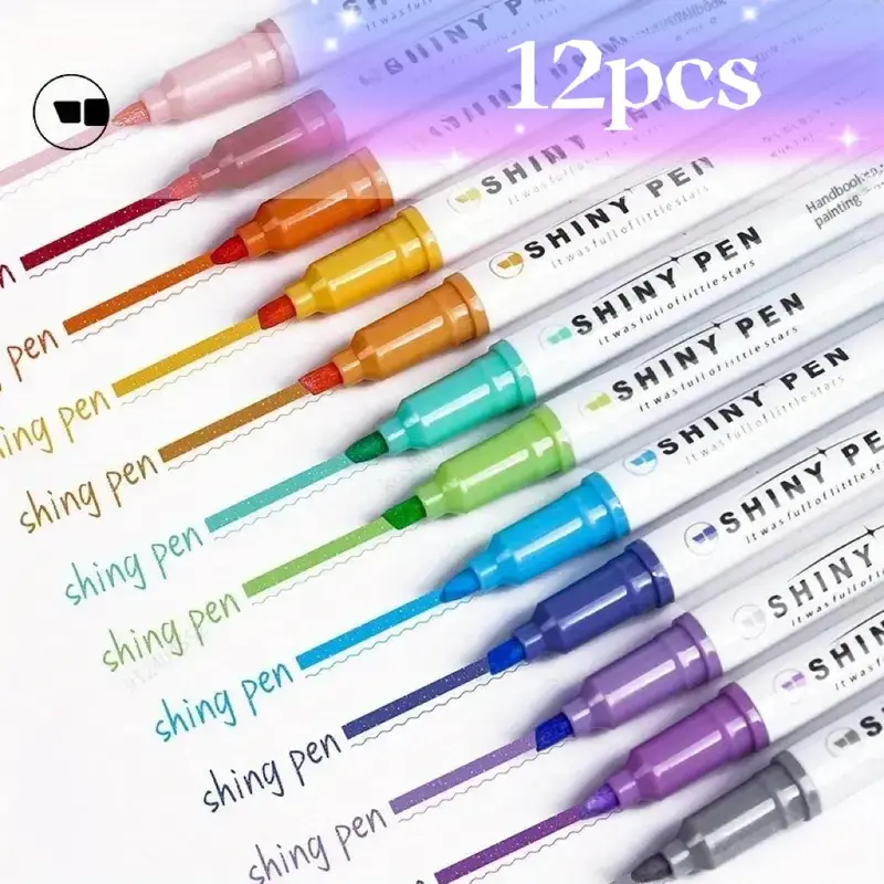 Glitter Marker Pen, 12pcs Shiny Highlighter Pen, Colored Pen for Coloring Book, Drawing, Doodling, Scrapbook, Journaling 2